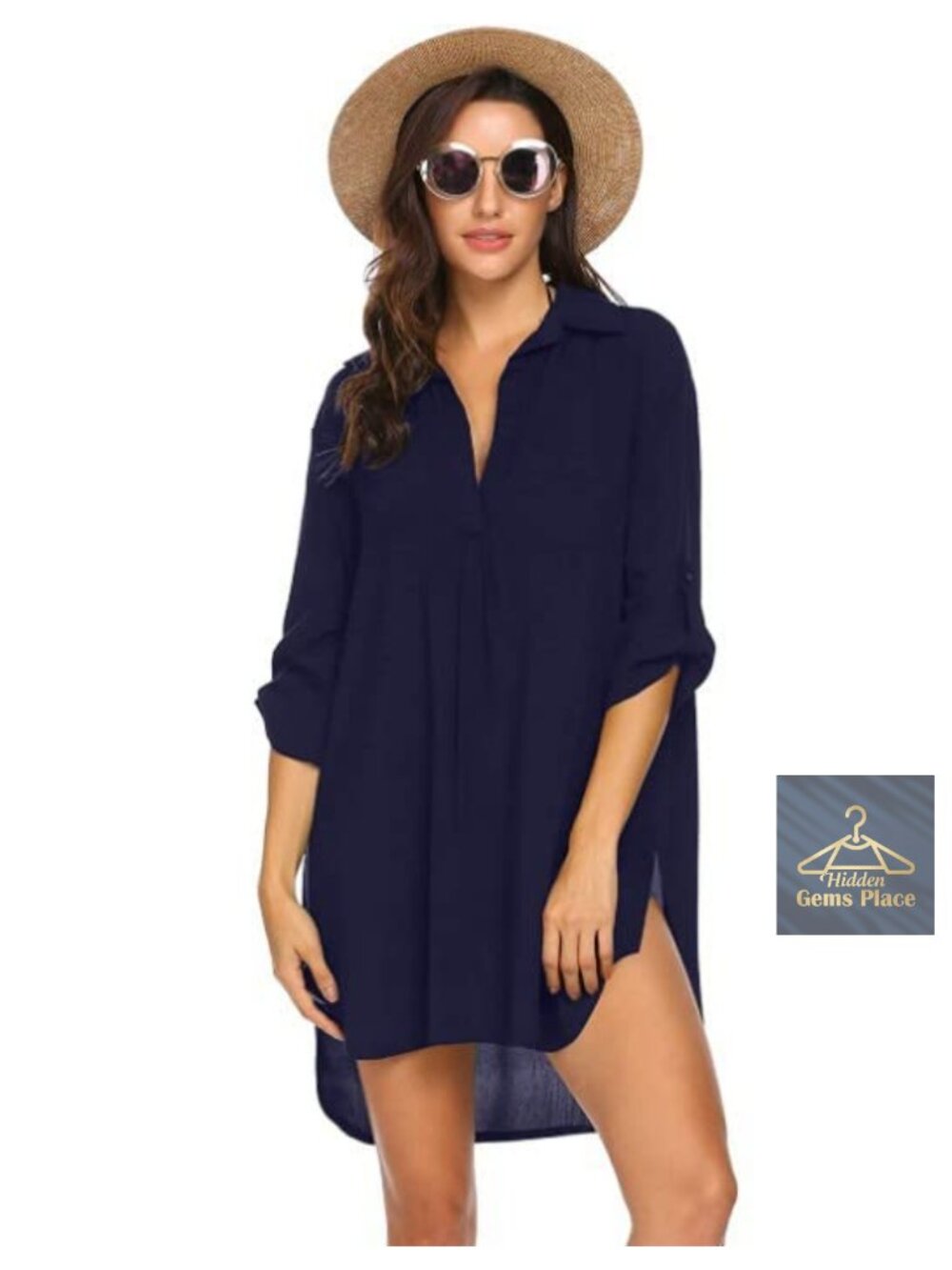 Quick-Dry Beach Cover-Up Shirt Dress Deep V-Neck Pockets Loose Fit